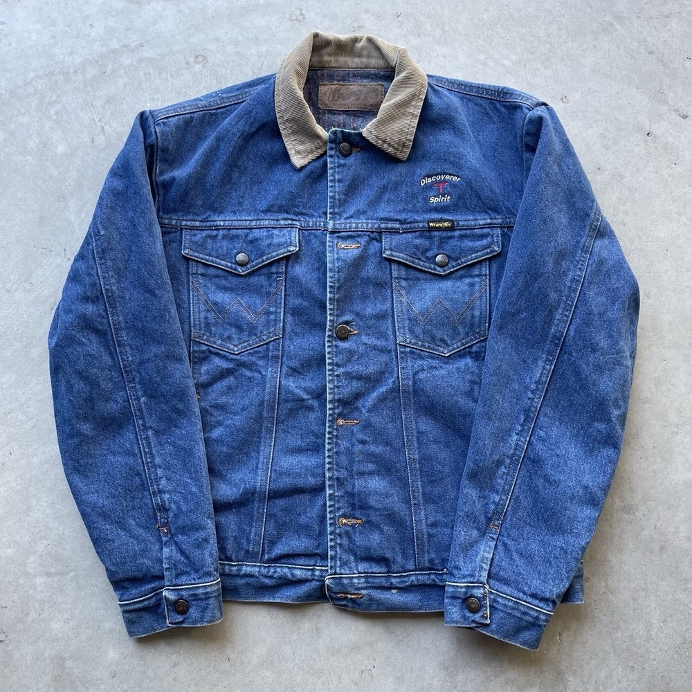 VTG Wrangler Jacket Mens Sz L HERO Denim Blanket Lined Trucker Blue Jean Jacket